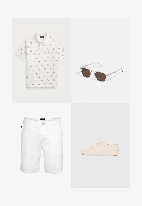 Tricou polo alb din bumbac, cu un model repetat de câini albaștri și un mic logo albastru pe piept. Mâneci scurte și guler.; Pantaloni scurți albi din bumbac, cu croială dreaptă, cu închidere frontală cu nasture și buzunare standard, textură netedă și un design curat.; Tenisi din pânză bej cu vârf rotund, talpă plată din cauciuc și șireturi în față. Au un design minimalist și un accent contrastant negru la călcâi.; Ochelari de soare din plastic transparent cu lentile dreptunghiulare maro, având brațe subțiri, transparente și accente metalice pe tâmple.