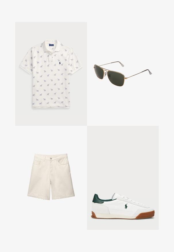 Bílá polo tričko vyrobené z bavlny, s opakovaným modrým vzorem psů a malým modrým logem na hrudi. Krátké rukávy a límeček.; Bežové džínové šortky s volným střihem, designem s pěti kapsami a předním zapínáním na knoflík. Tkanina má jemnou strukturu a čistý lem.; Bílé tenisky se zelenými koženými akcenty a béžovou gumovou podrážkou. Vlastnosti zahrnují textilní tělo a výrazné logo na boku. Šněrovací design.; Zlaté kovové pilotky s velkými tmavě zelenými čočkami, s tenkým rámem a transparentními nosními polštářky pro pohodlí.