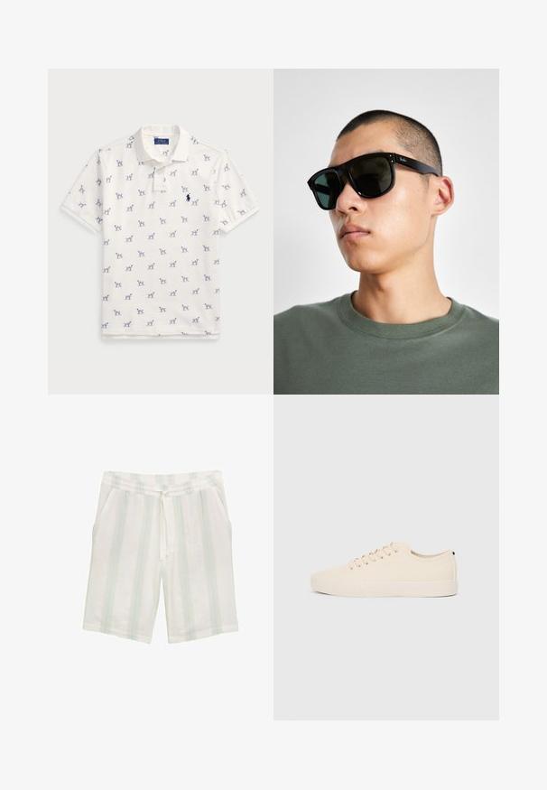 Polo blanc en coton, avec un motif répété de chiens bleus et un petit logo bleu sur la poitrine. Manches courtes et col.; Shorts blancs en tissu léger avec des rayures verticales bleu clair et vert, dotés d'une taille élastique et de poches latérales.; Baskets en toile beige avec bout arrondi, semelle en caoutchouc plate et lacets à l'avant. Présente un design minimaliste et un accent noir contrastant au niveau du talon.; Lunettes de soleil rectangulaires noires avec des verres foncés, présentant une forme distinctive et un logo sur la branche. Portées par une personne en chemise verte.