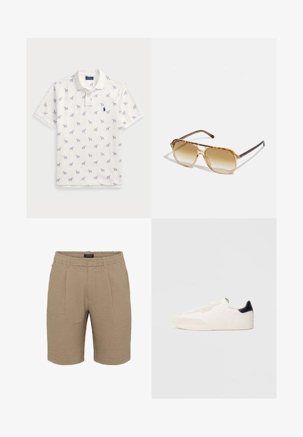 Fehér póló, pamutból készült, ismétlődő kék kutyás mintával és egy kis kék logóval a mellkason. Rövid ujjak és gallér.; Bézs színű, texturált anyagból készült rövidnadrág, gyűrött felülettel, rugalmas derékrésszel és két elülső plisszével.; Fehér bőr sportcipők velúr részletekkel, fekete sarokfüllel, fűzős kialakítással, perforált mintázattal és diszkrét márkajelzéssel az oldalukon.; Tortoiseshell napszemüveg téglalap alakú kerettel, barna színátmenetes lencsékkel és sima fekete szárakkal, amelyek diszkrét logó rátétekkel rendelkeznek.