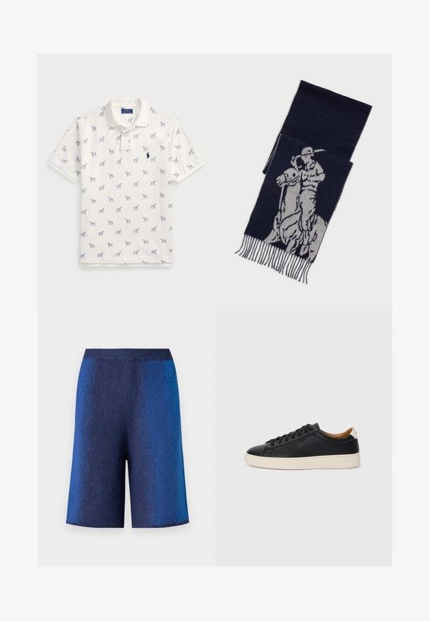 Vit polotröja i bomull med ett upprepat blått hundmönster och en liten blå logotyp på bröstet. Korta ärmar och krage.; Mörkblå shorts med en strukturerad finish, med rak skärning och sömlöst midjeband, designade för komfort och en avslappnad look.; Svarta lädersneakers med en slät yta, beige gummisula, snörning och en kontrasterande hälackcent.; Marinblå scarf med grå grafik av en polo-spelare på hästryggen, med fransade kanter.
