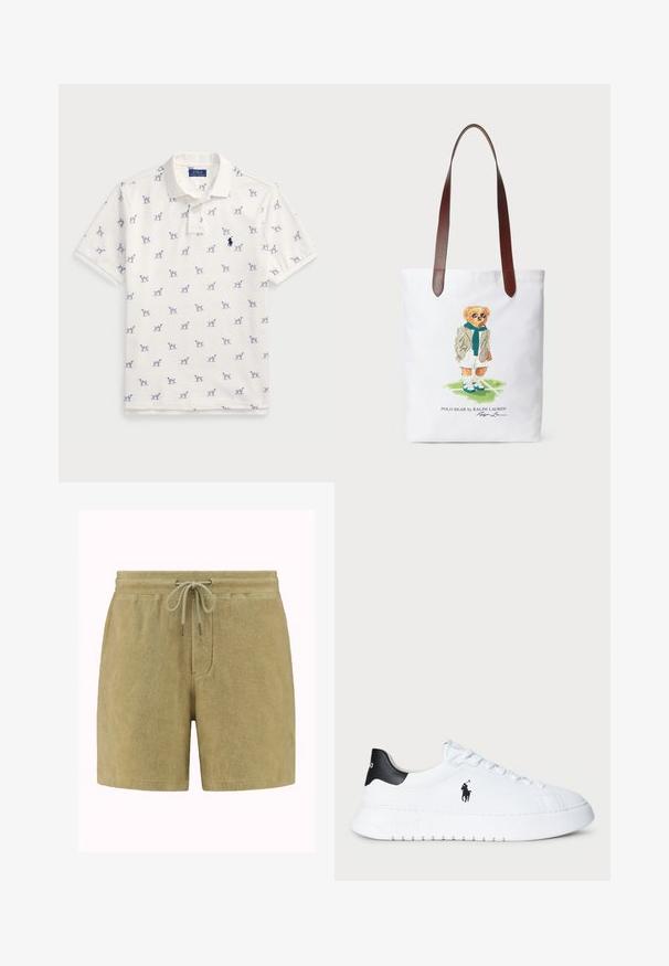 White polo shirt made of cotton, featuring a repeated blue dog pattern and a small blue logo on the chest. Short sleeves and collar.; Towel shorts in soft, olive green fabric. Features a drawstring waist with metal tips, side pockets, and a relaxed fit.; White low-top sneaker with black heel tab and black Polo Ralph Lauren logo on side, featuring white laces and thick rubber sole.; Canvas tote bag featuring a cartoon bear in a green scarf and blazer, with brown leather shoulder straps. White background, printed design.