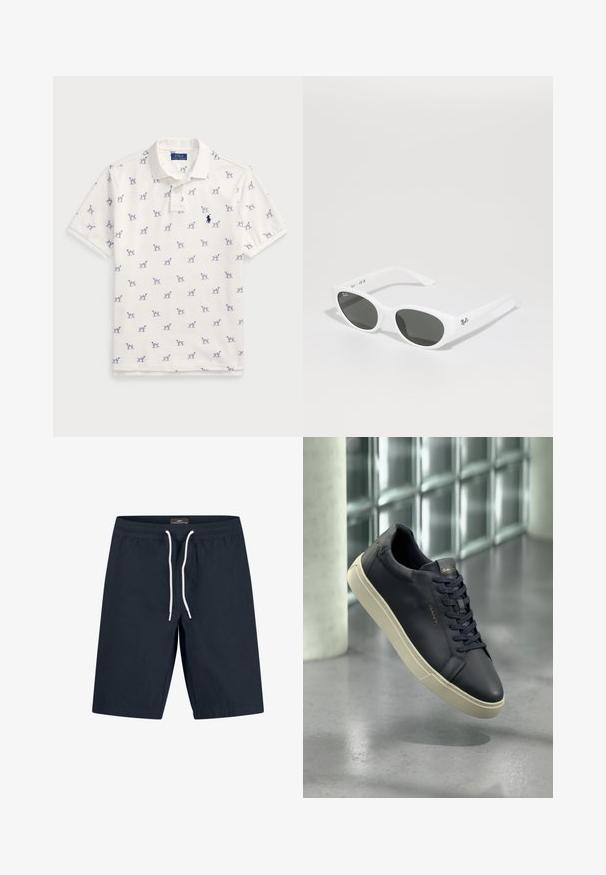 Balta polo marškiniai, pagaminti iš medvilnės, su pasikartojančiu mėlynu šunų raštu ir mažuoju mėlynu logotipu ant krūtinės. Trumpomis rankovėmis ir apykakle.; Tamsiai mėlynos maudymosi šortai, pagaminti iš lengvos medžiagos, su elastingu liemenu ir baltu raišteliu, tiesaus kirpimo dizainu.; Tamsiai mėlyni odiniai sportbačiai su suapvalintu pirštu, lygiais raišteliais ir tekstūruotu padu; turi logotipą ant liežuvio, kontrastuojantį su kreminiu padu.; Baltos akiniai nuo saulės su apvaliais rėmeliais ir tamsiais lęšiais. Pasižymi lygaus plastiko tekstūra ir mažu logotipu ant šventyklos.