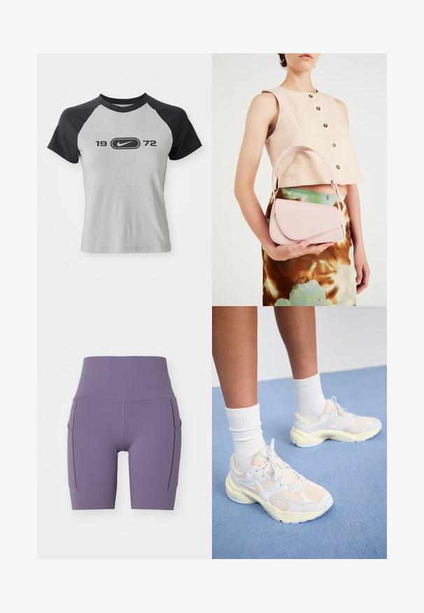 Harmaa ja musta lyhythihainen t-paita, jossa on pyöreä kaula-aukko, keskellä logo ja teksti "1972" mustana edessä.; Nike Performance UNIVERSA SHORT - Trikoot - daybreak/black; Tyylikkäät urheilukengät vaaleankeltaisina ja valkoisina, joissa on verkkomateriaalia ja synteettisiä materiaaleja, pyöristetty muoto ja teksturoidut pohjat.; Vaaleanpunainen nahkakäsilaukku, jossa on kaareva läppä, yksittäinen olkahihna ja puhtaat linjat. Laukussa on sileä pinta ja minimalistinen muotoilu.