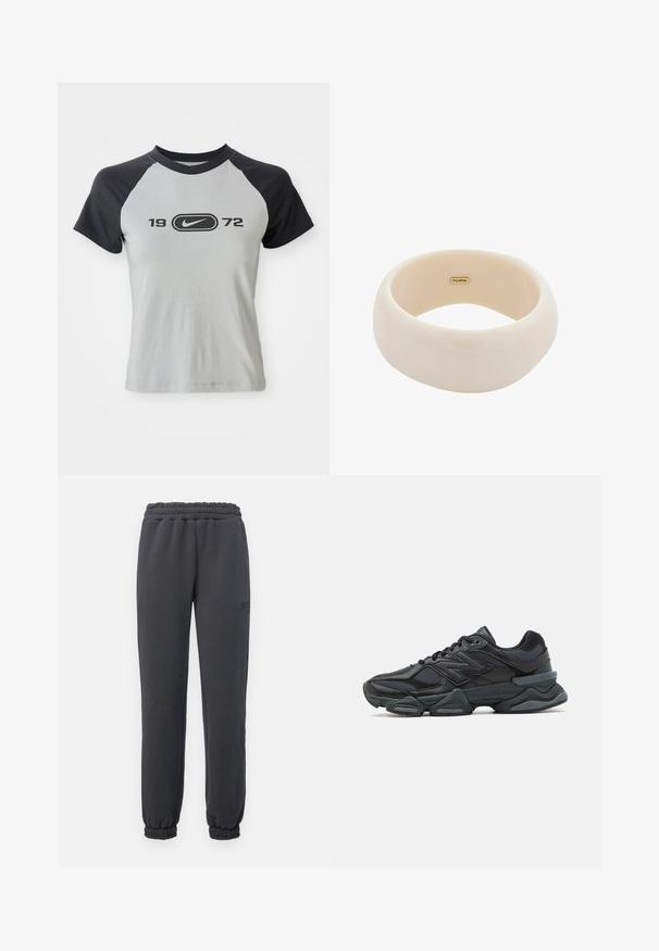 Grijze en zwarte t-shirt met korte mouwen, met een ronde hals, voorzien van een centraal logo en de tekst "1972" in het zwart op de voorkant.; Rip Curl VARSITY PANTS - Trainingsbroek - washed black; Zwarte hardloopschoen met een mix van mesh en synthetische materialen, een stevige zool, gebogen ontwerp en prominente branding op de zijkant.; Glanzende beige armband van gladde hars. Ronde vorm met een gelijkmatige oppervlakte en een klein gouden logo aan de binnenkant.