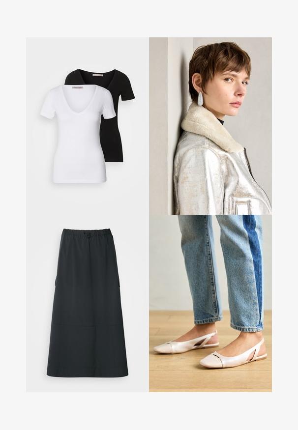 Dve v-vratne majice v beli in črni barvi, kratki rokavi, prilegajoča zasnova, narejene iz mehkega bombaža, z vidno blagovno znamko na vratu.; Ecoalf SKIRT WOMAN - Krilo A-kroja - black; Svijetloružičaste slingback balerinke s šiljastim nožnim prstima, napravljene od glatkog materijala nalik koži. Imaju izrezane detalje sa strane i ravne pete.; Srebrna metalik usnjena jakna s ovratnikom iz jagnječje kože, z zadrgo in strukturirano površino. Velike kapljaste uhane s prozornimi dragimi kamni.