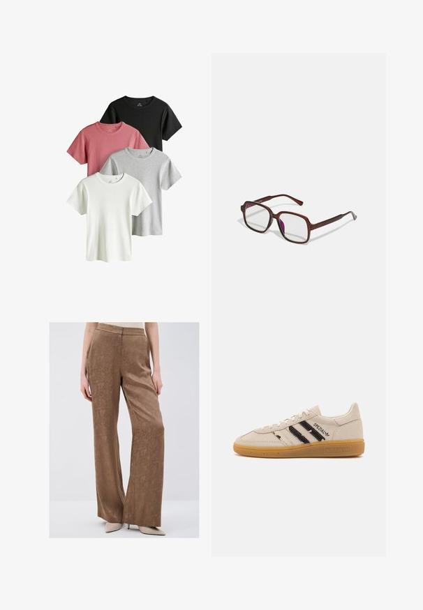 Čtyři jednoduché trička s krátkým rukávem a kulatým výstřihem v černé, prachově růžové, světle šedé a bílé barvě, uspořádané překryté na bílém pozadí.; Hnědé kalhoty s širokými nohavicemi vyrobené z texturované látky s jemným vzorem. Mají hladký pas a volně visí od boků.; Béžové semišové tenisky s černými pruhy a textem "Spezial", mají texturovanou gumovou podrážku a klasický šněrovací design.; Hnědé, obdélníkové brýle s průhlednými skly a fialovými odstíny. Hladký plastový rám s rovnými nohami a jemnými akcenty.