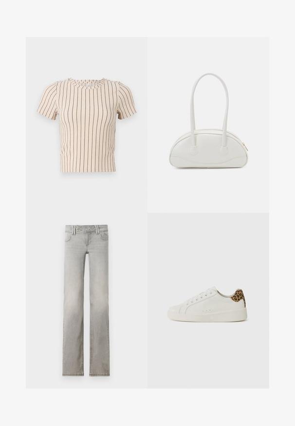 Top beige à manches courtes avec des rayures horizontales bleu marine. Il présente un col rond et une texture côtelée, offrant une silhouette ajustée.; Jean gris clair avec une coupe droite, en denim. Il dispose de deux poches avant, d'une taille avec deux boutons et de coutures visibles.; Sneaker en cuir blanc avec bout rond, semelle plate et fermeture à lacets. Présente un accent en imprimé léopard au niveau du talon. Texture lisse.; Even&Odd Sac à main - off-white