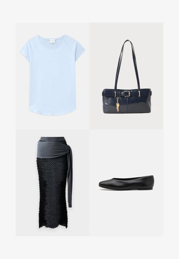 T-shirt bleu clair à manches courtes avec un col rond, coupe décontractée et ourlet arrondi. Fabriqué en tissu doux au toucher lisse.; Jupe noire texturée avec une taille en tricot gris lisse et un détail drapé, présentant une silhouette ajustée et des éléments de design superposés.; Paul Smith TOPANGA - Ballerines - black; Sac à main en cuir bleu marine avec deux longues poignées, un détail de boucle et un porte-clés accroché. Il présente une texture lisse et une forme rectangulaire.