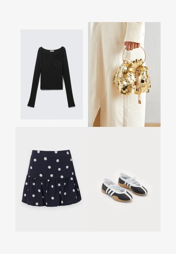 Melnas garās piedurknes tops, izgatavots no mīksta auduma, ar drapējuma dizainu un krustojošu priekšpusi, kā arī laivas formu ap kaklu. Gluda tekstūra, apgriezts garums.; Tumši zilas krāsas skater svārki, kas izgatavoti no viegla auduma ar platu apakšmalu. Iezīmējas ar lieliem baltiem punktiņiem un elastīgu jostu.; Melnbaltas sporta kurpes ar elegantu dizainu, gumijas zoli, šņorēšanu un trim baltām svītrām sānos.; Zelta sekvīru zīmulis maisiņš ar apaļu rokturi, kas ir pārklāts ar spīdīgiem noapaļotiem sekvīriem un teksturētu audumu. Izmēri nav norādīti.