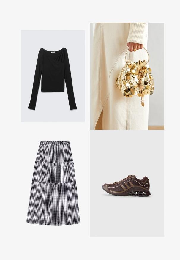 Černý top s dlouhým rukávem z měkkého materiálu, který má volný střih s překříženým předním dílem a lodním výstřihem. Hladká textura, zkrácená délka.; Sukně s kostičkovaným vzorem v černobílé barvě, ve vrstveném stylu, s elastickým pasem. Obsahuje několik volánů a má splývavou siluetu.; Hnědá sportovní obuv s vrchní částí ze síťoviny a syntetického materiálu, s třemi pruhy, detailním prošitím, polstrovanou podrážkou a charakteristickým pružným podpatkem.; Zlatá taška se šňůrkou a kruhovou rukojetí, pokrytá lesklými kulatými flitry a texturovanou tkaninou. Rozměry nejsou uvedeny.