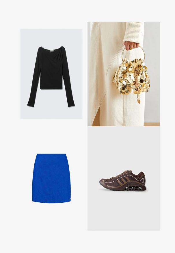 Fekete, hosszú ujjú felső, puha anyagból készült, átfedéses előrésszel és tavi nyakkivágással. Simább textúra, rövidített hossz.; Kék mini szoknya domború nagy virágmintával és A-vonalú fazonnal.; Barna sportcipő, hálós és szintetikus felső résszel, három csíkkal, részletes varrásokkal, párnázott talppal és jellegzetes ruganyos sarkal.; Arany flitteres húzózsinóros kézitáska kör alakú fogantyúval, csillogó kerek flitterekkel és texturált anyaggal. A méretek nincsenek megadva.