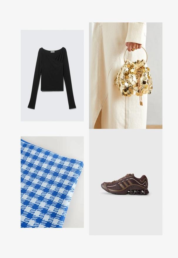 Black long-sleeve top made of soft fabric, featuring a draped design with a cross-over front and a boat neckline. Smooth texture, cropped length.; Blue and light blue houndstooth patterned fabric with a textured knit design, featuring a smooth finish and soft appearance.; Brown athletic shoe with mesh and synthetic upper, featuring three stripes, detailed stitching, cushioned sole, and characteristic springy heel.; Gold sequin drawstring handbag with a circular handle, featuring shiny round sequins and a textured fabric. Dimensions are not provided.