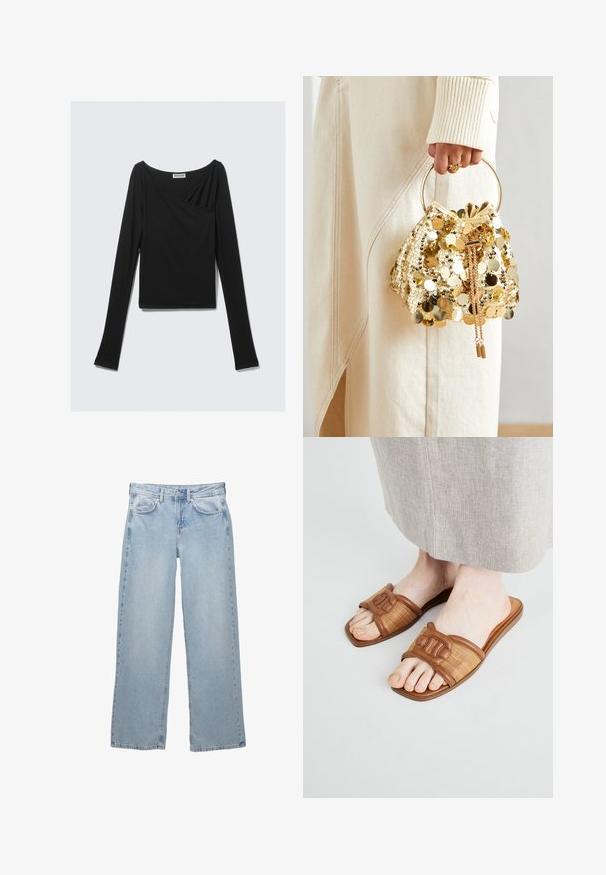 Sort langærmet top lavet af blødt stof, der har et drapert design med crossover-foran og bådudskæring. Glat tekstur, cropped længde.; Lys blå denim jeans med bred bendesign, med en knap- og lynlåslukning, fem lommer og minimale syninger.; Brune slidesandaler med vævet tekstil og glatte læderdetaljer, med en flad sål og en dekoreret rem.; Guld paliettrækkevogn med et cirkulært håndtag, der har skinnende runde paljetter og et tekstureret stof. Dimensioner er ikke angivet.
