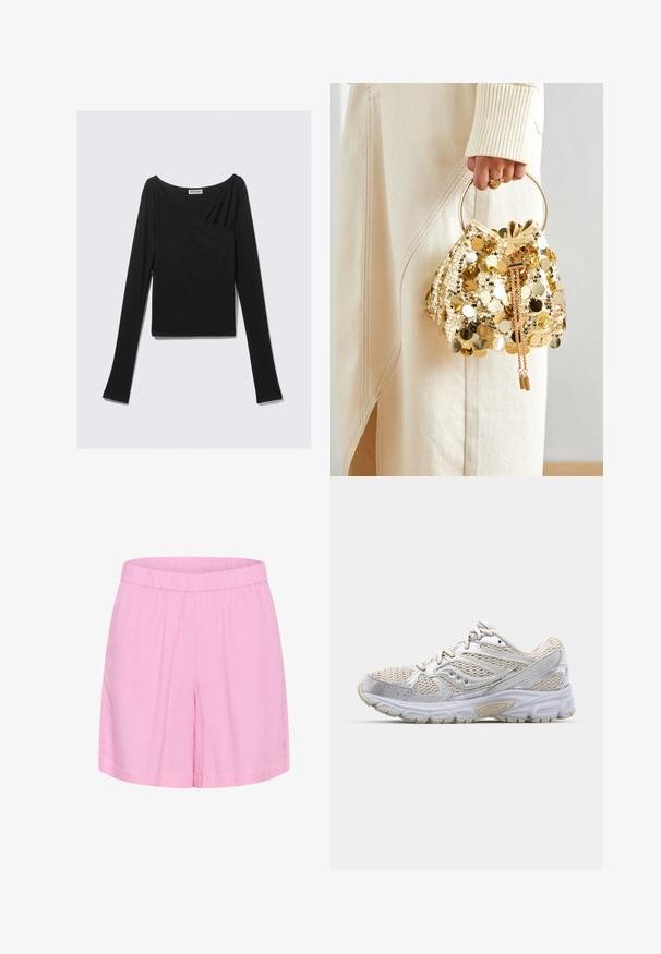 Černý top s dlouhým rukávem z měkkého materiálu, který má volný střih s překříženým předním dílem a lodním výstřihem. Hladká textura, zkrácená délka.; Růžové bavlněné šortky s elastickým pasem, které mají pohodlný střih a hladkou texturu, vhodné pro běžné nošení.; Lehká běžecká obuv s bílou síťovinou, stříbrnými akcenty, polstrovanou podrážkou a texturovanou gumovou podešví pro lepší přilnavost.; Zlatá taška se šňůrkou a kruhovou rukojetí, pokrytá lesklými kulatými flitry a texturovanou tkaninou. Rozměry nejsou uvedeny.