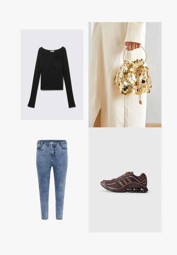 Čierny top s dlhými rukávmi vyrobený z mäkkej tkaniny, s drapovaným dizajnom a prekríženým predným dielom, doplnený o lodičkový výstrih. Hladká textúra, skrátená dĺžka.; Modré denimové skinny džínsy s vysokým pásom, piatimi vreckami a zipsovým zapínaním. Tkanina má jemne bledý vzhľad s kontrastným prešívaním.; Hnedá atletická obuv s vrchnou časťou z mäkkej sieťoviny a syntetických materiálov, so znakmi troch pruhov, detailným prešívaním, mäkkou podrážkou a charakteristickým pružným podpätkom.; Zlatá taška na šnurovanie so zaoblenou rukoväťou, zdobená lesklými okrúhlymi flitrami a texturovaným materiálom. Rozmery nie sú uvedené.