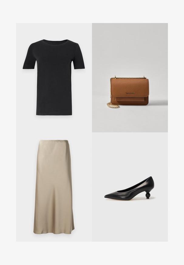 Melnas īsām piedurknēm T-krekls, kas izgatavots no mīkstas kokvilnas, ar apaļu kakla izgriezumu un klasisku piegriezumu. Gluda tekstūra, bez rakstiem vai rotājumiem.; Gaišas beidžu satīna midi svārki ar elastīgu jostasvietu, gluda tekstūra un plūstoša A-silueta forma. Nav redzamu rakstu vai metāla elementu.; Melnas ādas augstpapēžu kurpes ar smailu purngalu un apaļu papēdi. Gluda tekstūra ar elegantu, minimālistisku dizainu.; Brūna teksturēta ādas plecu soma ar zelta ķēdes siksnu un atloka aizdari. Priekšpusē ir logotipa detaļa un kabata zem atloka.