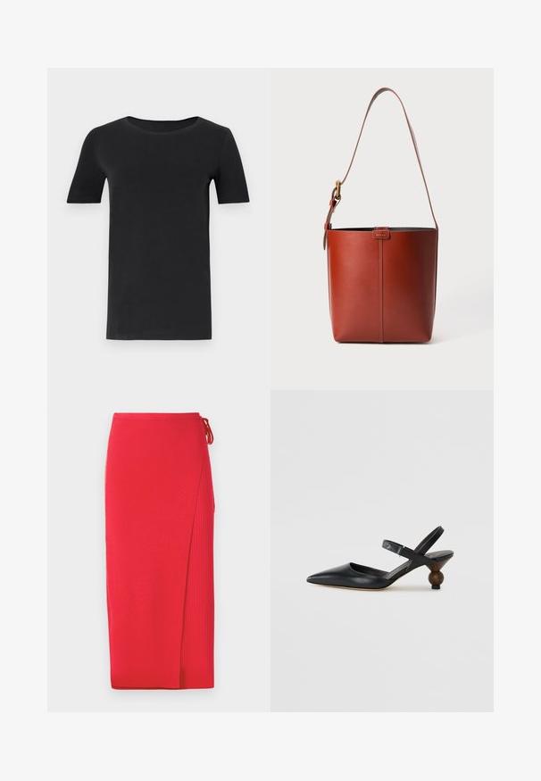 Zwarte t-shirt met korte mouwen van zacht katoen, met een ronde hals en een klassieke pasvorm. Soepele textuur, geen patronen of versieringen.; Rode geribde gebreide midi-rok met een zijsplits, voorzien van een strikdetail in de taille. Soepele textuur met een aansluitende silhoeët.; Zwarte leren slingbackshoe met een spitse neus, gebogen ontwerp en een ronde, houtachtige hak. Voorzien van een smalle enkelband.; Bruine lederen emmerzak met verstelbare schouderband en gouden gesp, eenvoudige verticale naaddetails aan de voorkant.