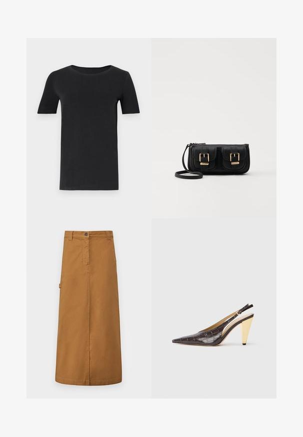T-shirt noir à manches courtes en coton doux, avec un col rond et une coupe classique. Texture lisse, sans motifs ni embellissements.; Rochet midi en coton marron avec une fermeture à boutons sur le devant, des passants de ceinture et des poches latérales. Texture lisse et coupe droite.; Talons slingback à bout pointu en simili cuir crocodile marron foncé brillant. Présente un talon géométrique doré et une sangle ajustable à la cheville.; Sac en cuir noir porté en travers avec deux poches avant, boucles dorées, fermeture zippée et une sangle fine. Surface texturée et forme rectangulaire compacte.