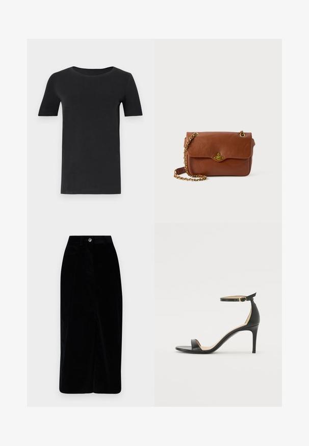 Schwarzes T-Shirt mit kurzen Ärmeln aus weicher Baumwolle, mit rundem Halsausschnitt und klassischer Passform. Glatte Textur, ohne Muster oder Verzierungen.; Schwarzer Cord-Midirock mit geradem Schnitt, Vorderknopfverschluss und zwei Seitentaschen. Weiche Textur mit vertikalem Rippmuster.; Schwarze Leder-high-heeled Sandale mit Knöchelriemen. Verfügt über eine glatte Textur, offene Zehen und einen dünnen Absatz. Goldfarbener Schnallenakzent.; Braune Leder-Crossbody-Tasche mit Klappenverschluss, goldenen Beschlägen und einer Kettenriemen. Glatte Textur, rechteckige Form, minimalistische Details.