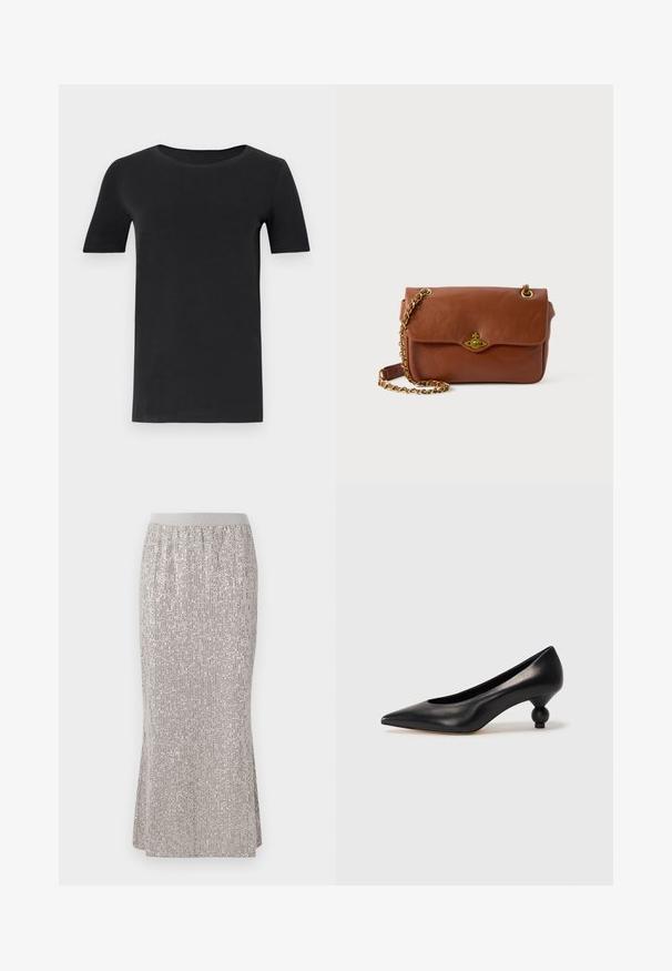 Mustat lyhyet hihattomat t-paidat, jotka on valmistettu pehmeästä puuvillasta, pyöreällä kaula-aukolla ja klassisella mitoituksella. Sileä tekstuuri, ei kuvioita tai koristeluja.; Polvisyvyinen, hopeista kimalletta sisältävä hame, jossa on tiukka vyötärö, pystysuoria kimalluskuvioita ja sivuaukot liikkumisen helpottamiseksi.; Musta nahkakengät korkealla korolla, joissa on terävä kärki ja pyöreä, pallomainen korko. Sileä pinta ja tyylikäs, minimalistinen muotoilu.; Ruskea nahkainen olkalaukku, jossa on läppäkiinnitys, kultaiset yksityiskohdat ja ketjuhihna. Sileä pinta, suorakulmainen muoto, minimaalinen yksityiskohtaisuus.