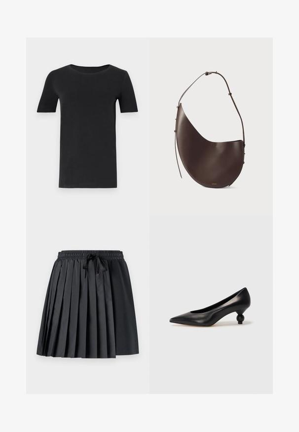 Melnas īsām piedurknēm T-krekls, kas izgatavots no mīkstas kokvilnas, ar apaļu kakla izgriezumu un klasisku piegriezumu. Gluda tekstūra, bez rakstiem vai rotājumiem.; Melnas plisētās svārki ar elastīgu jostasvietu un auklu; apvieno gludu un teksturētu audumu, radot slāņainu izskatu.; Melnas ādas augstpapēžu kurpes ar smailu purngalu un apaļu papēdi. Gluda tekstūra ar elegantu, minimālistisku dizainu.; Brūnas ādas rokas soma ar izliekumu, vienu siksnu un minimālistisku dizainu. Iezīmēta ar nemanāmu logo un zelta apdari.