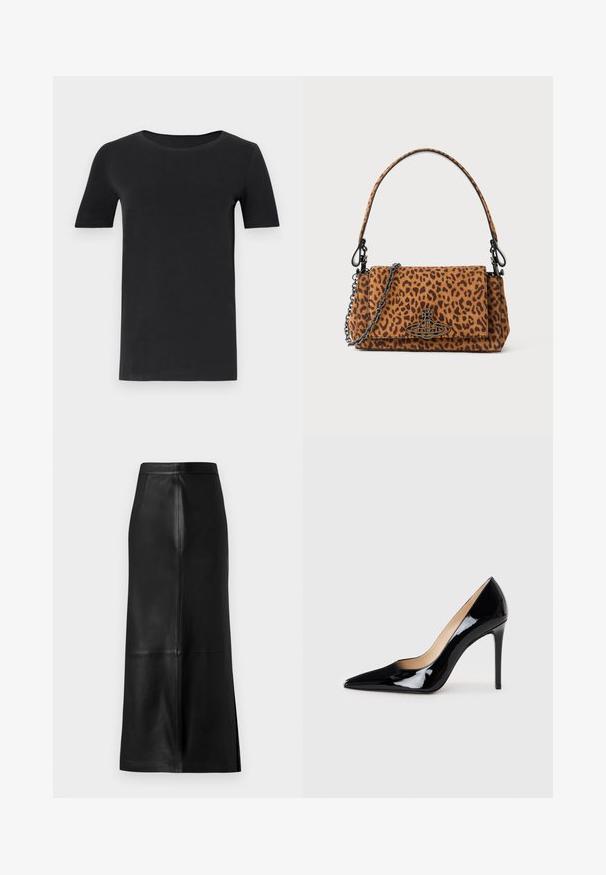 Schwarzes T-Shirt mit kurzen Ärmeln aus weicher Baumwolle, mit rundem Halsausschnitt und klassischer Passform. Glatte Textur, ohne Muster oder Verzierungen.; Schwarzer Lederrock mit gerader Silhouette, ausgestattet mit einer Rückenschlitz, glatter Textur und sichtbaren Nahtdetails.; Schwarze Lackleder-Pumps mit High Heels und spitzem Design sowie einer eleganten Silhouette. Verfügt über eine glatte, glänzende Oberfläche und einen schlanken Stiletto-Absatz.; Tasche im Leopardenmuster aus Wildleder mit kurzem Tragegriff, einer Kettenriemen und einem schwarzen Hardware-Verschluss. Rechteckige Form mit Klappenverschluss.