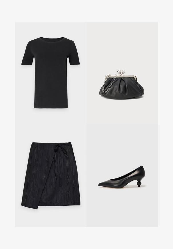 Zwarte t-shirt met korte mouwen van zacht katoen, met een ronde hals en een klassieke pasvorm. Soepele textuur, geen patronen of versieringen.; Zwarte wikkelrok met een gestructureerd houtnerfpatroon, voorzien van een striksluiting in de taille en een rechte silhoeët.; Zwarte leren hoge hak schoen met een spitse neus en een ronde, bolle hak. Gladde textuur met een elegant, minimalistisch ontwerp.; Zwarte leren clutch met geplooide textuur, zilverkleurig metalen frame, drukknopsluiting en kettingriem. Glad, zacht oppervlak.