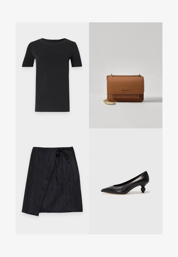 Melnas īsām piedurknēm T-krekls, kas izgatavots no mīkstas kokvilnas, ar apaļu kakla izgriezumu un klasisku piegriezumu. Gluda tekstūra, bez rakstiem vai rotājumiem.; Melna apvilkuma svārku ar teksturētu koka graudu rakstu, kas aprīkoti ar iesietu aizdari jostasvietā un taisnu siluetu.; Melnas ādas augstpapēžu kurpes ar smailu purngalu un apaļu papēdi. Gluda tekstūra ar elegantu, minimālistisku dizainu.; Brūna teksturēta ādas plecu soma ar zelta ķēdes siksnu un atloka aizdari. Priekšpusē ir logotipa detaļa un kabata zem atloka.