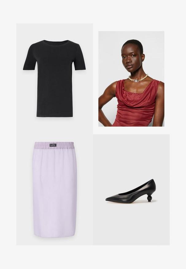 Camiseta de manga corta negra hecha de algodón suave, con un cuello redondo y un corte clásico. Textura suave, sin patrones ni adornos.; Falda de lila con cintura elástica, de largo hasta la rodilla, textura suave y sin patrones o acentos visibles. Logo de la marca en la cinturilla.; Zapato de tacón alto de cuero negro con puntera afilada y un tacón redondeado y abombado. Textura suave con un diseño elegante y minimalista.; Vestido de color rojo intenso con cuello de cisne y una textura suave. Presenta un collar de perlas con un acento decorativo de plata en el centro.