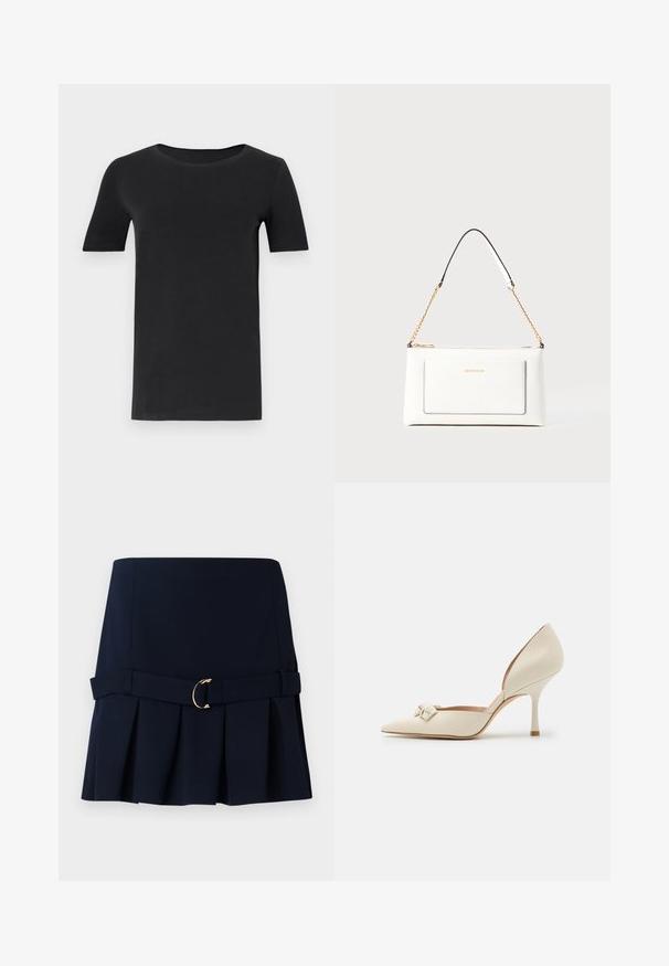 Černé tričko s krátkým rukávem vyrobené z měkké bavlny, s kulatým výstřihem a klasickým střihem. Hladká textura, bez vzorů nebo ozdob.; Námořnická plisovaná sukně s utaženým pasem, která má široký pásek a akcent zlaté spony. Vyrobena z hladké látky se strukturovaným designem.; Béžová kožená lodička na vysokém podpatku s špičatou špičkou, dekorativní mašlí a štíhlým podpatkem. Hladká textura s lesklým povrchem.; Bílá kožená kabelka s texturovaným povrchem, zdobená zlatým řetízkem a černými akcenty. Obsahuje přední kapsu a uzavírání na zip.