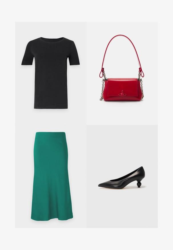 Černé tričko s krátkým rukávem vyrobené z měkké bavlny, s kulatým výstřihem a klasickým střihem. Hladká textura, bez vzorů nebo ozdob.; Zelená sukně na kolena vyrobená z hladké látky, s rozšířeným lemem a přiléhavým pasem. Žádné viditelné vzory ani kovové detaily.; Černá kožená vysoká bota na podpatku s špičatou špičkou a kulatým, zaobleným podpatkem. Hladká textura s elegantním, minimalistickým designem.; Červená lakovaná kožená kabelka s stříbrnými řetízkovými detaily, krátkým uchem a dekorativním emblémem na přední straně. Kompaktní obdélníkový tvar.