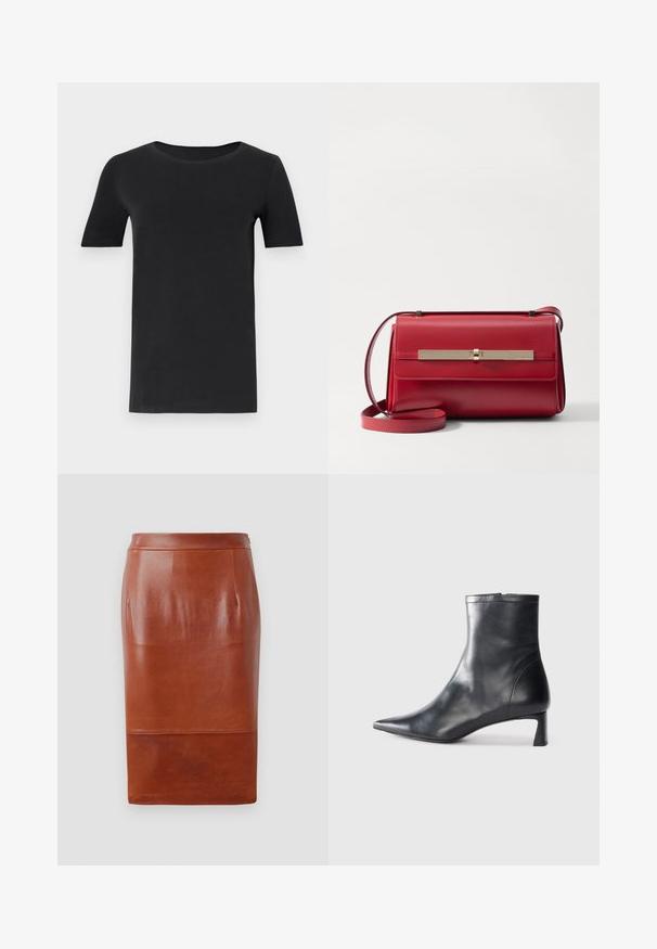 Melnas īsām piedurknēm T-krekls, kas izgatavots no mīkstas kokvilnas, ar apaļu kakla izgriezumu un klasisku piegriezumu. Gluda tekstūra, bez rakstiem vai rotājumiem.; Brūna ādas zīmulis svārki ar gludu tekstūru, ceļa garuma dizains un maiga spīdēšana. Iespējojusi pieguļoša josta un sānu kabatas.; Melnas ādas potītes zābaki ar norādītu pirkstu un elegantu dizainu. Iezīmē zemu papēdi un rāvējslēdzēja aizdari aizmugurē. Gluda tekstūra.; Stuart Weitzman POSH SHOULDER BAG - Soma ar siksnu pāri ķermenim - cherry