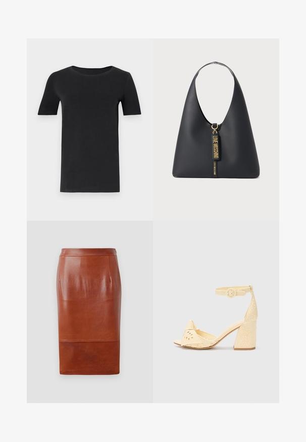 Juodas trumpas rankovėmis marškinėlis, pagamintas iš minkštos medvilnės, su apvaliu iškirpimu ir klasikiniu siluetu. Lygus paviršius, be raštų ar puošmenų.; Ruda odinė pieštuko sijonas su lygiu paviršiumi, kelio ilgio dizainu ir subtiliu blizgesiu. Yra prigludusi juosmens dalis ir šoninės kišenės.; Geltonas audinys, aukštakulniai sandalai su kvadratiniu pirštu, dekoratyviniu išpjovimu, kulkšnies dirželis su apvaliu sagtimi ir tekstūruotas bloko kulnas.; Juodas odinis petinis krepšys su plačiu dirželiu, auksinėmis detalėmis ir dviem kabančiomis etiketėmis, ant kurių išraižytomis auksinėmis raidėmis užrašyta "LOVE MOSCHINO".