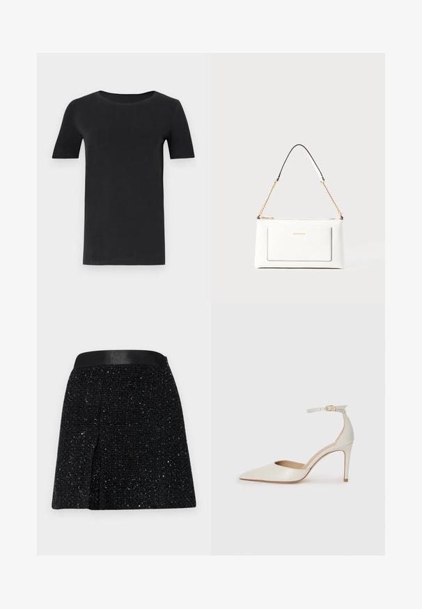 Melnas īsām piedurknēm T-krekls, kas izgatavots no mīkstas kokvilnas, ar apaļu kakla izgriezumu un klasisku piegriezumu. Gluda tekstūra, bez rakstiem vai rotājumiem.; Melna dzija svārki ar teksturētu apdari, izvērstu formu un gludu melnu jostu. Ir mazi metalizēti pavedieni visā virsmā.; Baltas ādas augstpapēžu kurpes ar smailu purngala daļu, potītes siksniņu un šauru stiletto papēdi. Gluda tekstūra ar smalku spīdumu.; Baltā ādas rokassomu ar teksturētu apdari, ar zelta ķēdes siksnu un melniem akcentiem. Iekļauj priekšējo kabatu un aizdari ar rāvējslēdzēju.