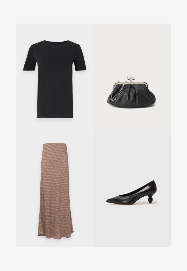 Zwarte t-shirt met korte mouwen van zacht katoen, met een ronde hals en een klassieke pasvorm. Soepele textuur, geen patronen of versieringen.; Lange, uitlopende rok met een bruine geometrische patroon, voorzien van een soepele textuur en een elastische tailleband voor comfort.; Zwarte leren hoge hak schoen met een spitse neus en een ronde, bolle hak. Gladde textuur met een elegant, minimalistisch ontwerp.; Zwarte leren clutch met geplooide textuur, zilverkleurig metalen frame, drukknopsluiting en kettingriem. Glad, zacht oppervlak.