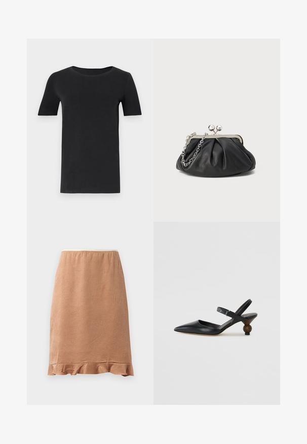 Fekete, rövid ujjú póló, puha pamutból készült, kerek nyakkivágással és klasszikus szabással. Sima textúra, minta vagy díszítés nélkül.; Barna textúrájú szoknya fodros szegéllyel, puha anyagból készült, ami könnyen hullámzik, rugalmas derékrésszel a kényelem érdekében.; Fekete bőr szandálcipő hegyes orral, íves kialakítással és kerek, fára hasonlító sarokkal. Keskeny bokapánttal rendelkezik.; Fekete bőr táska ráncolt textúrával, ezüst színű fémszerkezettel, csattal záródó fedéllel és láncos pánttal. Simító, puha felület.