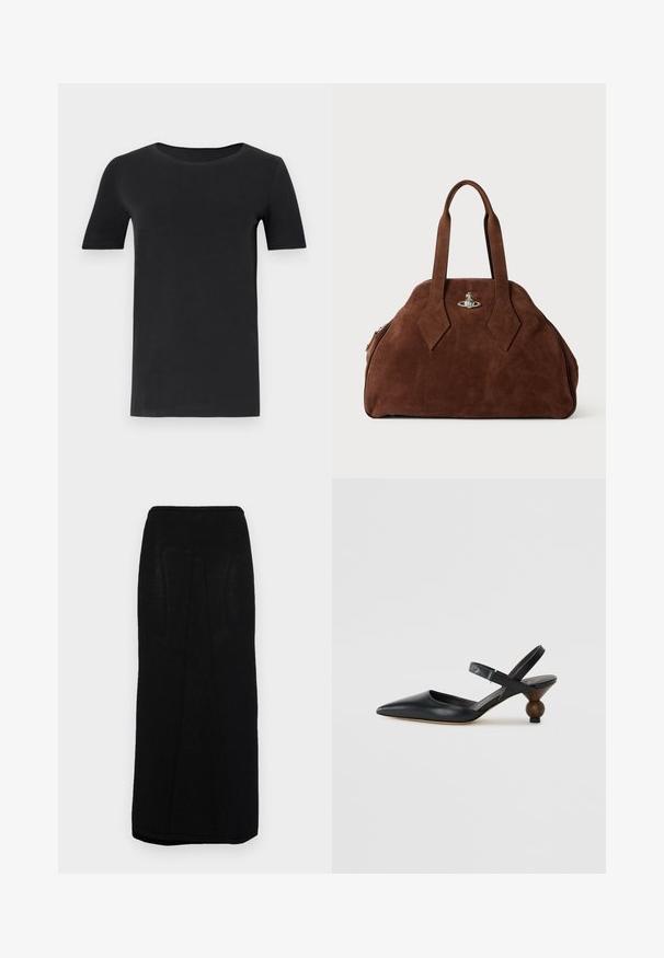 Čierne tričko s krátkym rukávom vyrobené z jemného bavlneného materiálu, s okrúhlym výstrihom a klasickým strihom. Hladká textúra, bez vzorov alebo dekoratívnych prvkov.; Čierna pletená maxi sukňa s rovnou siluetou, so zúženým pásom a jemnými vertikálnymi švami pozdĺž strán.; Čierna kožená slingback obuv s špicatou špičkou, zakriveným dizajnom a okrúhlou drevokatou pätou. Obsahuje úzky popruh okolo členka.; Hnedá semišová kabelka so štruktúrovaným tvarom, zaobleným telom a predĺženými rukoväťami v tvare diamantov. Obsahuje uzatváranie so striebornou hardvérovou sponou.
