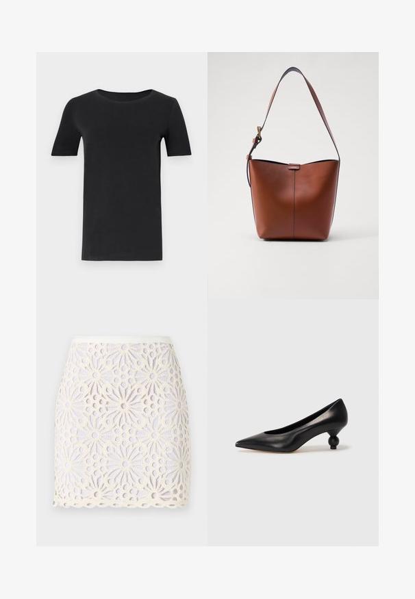 Svart kortärmad t-shirt i mjuk bomull, med rund halsringning och klassisk passform. Slät textur, inga mönster eller dekorationer.; Vit spets mini kjol med blommönster och utskärningar. Kjolens nederkant är vågig och midjan är slät med en lätt lyster.; Svart läderhögklackad sko med spetsig tå och rund, bollformad klack. Slät yta med en elegant, minimalistisk design.; Brun läderaxelväska med en böjd form, slät yta och ett enda tunt band. Har en subtil söm och en liten logotypdetalj.