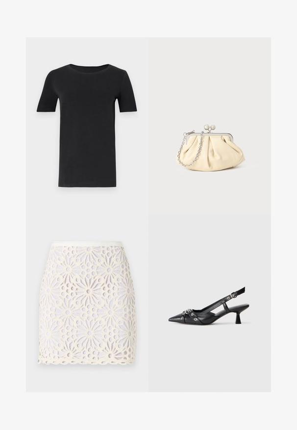 Černé tričko s krátkým rukávem vyrobené z měkké bavlny, s kulatým výstřihem a klasickým střihem. Hladká textura, bez vzorů nebo ozdob.; Bílá krajková mini sukně s květinovými vzory a výřezovými detaily. Lem je scalloped a pás je hladký s mírným leskem.; Černé kožené slingback boty s špičatou špičkou, dekorativními pásky s kovovými očky a nízkým blokovým podpatkem. Texturovaný povrch.; Plisovaná béžová kožená kabelka na psaní s rámem ze stříbrného kovu, vybavená dvěma kulatými dekorativními uzávěry a stříbrným řetízkem.