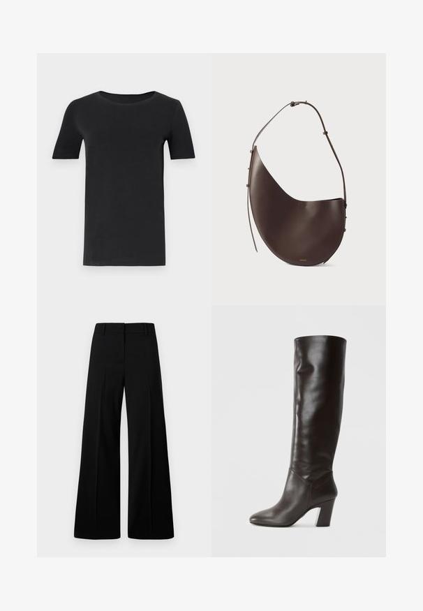 Crna majica kratkih rukava od mekanog pamuka, s okruglim izrezom i klasičnim krojem. Glatka tekstura, bez uzoraka ili ukrasa.; Crne hlače širokih nogavica s glatkom teksturom, strukturiranim pojasom i prednjim nabranim detaljima. Minimalistički dizajn bez vidljivih metalnih dijelova.; Čizme od tamnosmeđe kože do koljena, s glatk teksturom, šiljastim vrhom i debelim potplatom. Sadrže oznaku brenda sa strane.; Smeđa kožna torba s zakrivljenim oblikom, jednom trakom i minimalističkim dizajnom. Ima suptilan logo i zlatne metalne detalje.