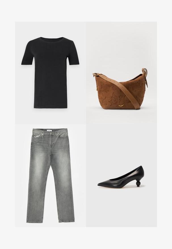 Mustat lyhyet hihattomat t-paidat, jotka on valmistettu pehmeästä puuvillasta, pyöreällä kaula-aukolla ja klassisella mitoituksella. Sileä tekstuuri, ei kuvioita tai koristeluja.; RE/DONE EASY - Straight leg -farkut - grigio; Musta nahkakengät korkealla korolla, joissa on terävä kärki ja pyöreä, pallomainen korko. Sileä pinta ja tyylikäs, minimalistinen muotoilu.; Ruskea mokkasiiniolkalaukku, jossa on kohokuvioitu kukkakuvio, jota täydentävät sileä ruskea nahkaremmi ja kultasävyiset yksityiskohdat.