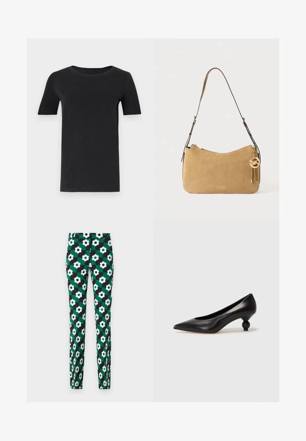 Schwarzes T-Shirt mit kurzen Ärmeln aus weicher Baumwolle, mit rundem Halsausschnitt und klassischer Passform. Glatte Textur, ohne Muster oder Verzierungen.; Grüne und schwarze gemusterte Hose mit einem Karodesign, großen weißen Blumen und schwarzen Mitte. Glattes Material und schmale Passform.; Schwarze Leder-Pumps mit spitzem Zehenbereich und runder, ballförmiger Ferse. Glatte Textur mit einem eleganten, minimalistischen Design.; Beige Wildleder-Umhängetasche mit geschwungener Form, goldener Hardware und Reißverschluss. Verfügt über einen angehängten Charm mit den Initialen "MK."