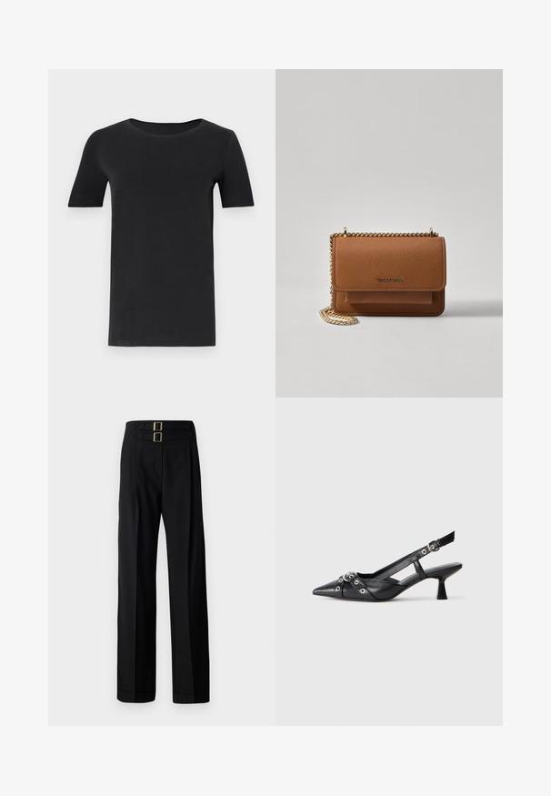 Fekete, rövid ujjú póló, puha pamutból készült, kerek nyakkivágással és klasszikus szabással. Sima textúra, minta vagy díszítés nélkül.; Fekete nadrág magas derekú, két téglalap alakú arany csattal, bőszárú kialakítással és sima, texturált anyagból készült.; Fekete bőr slingback cipő hegyes orral, dekoratív pántokkal, fém szemekkel és alacsony blokk sarkú. Texturált felület.; Barna textúrájú bőr keresztbody táska arany lánc pánttal és fedélzárral. Az elején logó részlet és egy zseb található a fedél alatt.