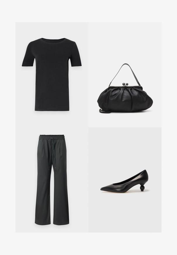 Melnas īsām piedurknēm T-krekls, kas izgatavots no mīkstas kokvilnas, ar apaļu kakla izgriezumu un klasisku piegriezumu. Gluda tekstūra, bez rakstiem vai rotājumiem.; Melni plaši bikses ar elastīgu jostasvietu un garām auklām, attēlotas uz vienkārša balta fona.; Melnas ādas augstpapēžu kurpes ar smailu purngalu un apaļu papēdi. Gluda tekstūra ar elegantu, minimālistisku dizainu.; Melna ādas rokassoma ar noapaļotu, krokotu dizainu. Iezīmes metāla aizdare ar diviem dekoratīviem lodīšiem un plānu, noņemamu siksnu.