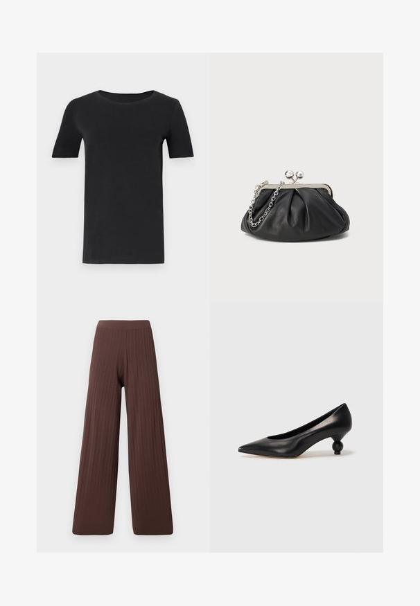 Schwarzes T-Shirt mit kurzen Ärmeln aus weicher Baumwolle, mit rundem Halsausschnitt und klassischer Passform. Glatte Textur, ohne Muster oder Verzierungen.; Weite Hosen aus dunkelbraunem geripptem Stoff, mit einem hohen Bund und fließender Silhouette, die Textur und Volumen betonen.; Schwarze Leder-Pumps mit spitzem Zehenbereich und runder, ballförmiger Ferse. Glatte Textur mit einem eleganten, minimalistischen Design.; Schwarze Leder-Clutch mit geraffter Textur, silberfarbener Metallrahmen, Druckverschluss und Kettenriemen. Glatte, weiche Oberfläche.
