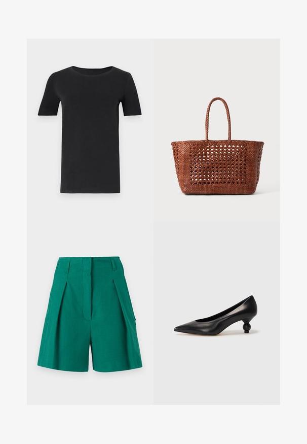 Black short-sleeve t-shirt made of soft cotton, with a round neckline and a classic fit. Smooth texture, no patterns or embellishments.; Green shorts featuring a textured fabric, pleat detailing, and side pockets. The design is tailored with a high waist and straight cut.; Black leather high heel shoe with a pointed toe and a round, balled heel. Smooth texture with a sleek, minimal design.; Woven brown tote bag with an open pattern, rectangular shape, and two braided handles. Features a solid base for support.