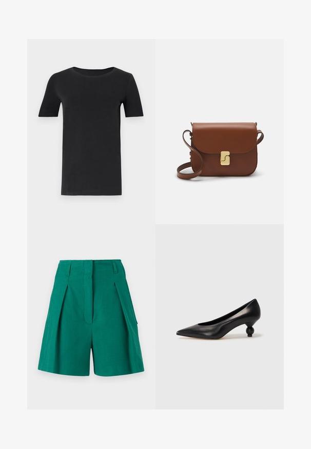 Sort kortærmet t-shirt lavet af blød bomuld, med rund hals og klassisk pasform. Glat tekstur, ingen mønstre eller pynt.; Grønne shorts med struktureret stof, detaljer med folder og sidelommer. Designet er skræddersyet med høj talje og lige snit.; Sort læder høje hæle med spids tå og rund, kugleformet hæl. Glat tekstur med et stilrent, minimalistisk design.; Brun læder håndtaske med flaplukning, hardware i gyldent tone, en skulderrem og en glat overflade. Kompakt rektangulær form.