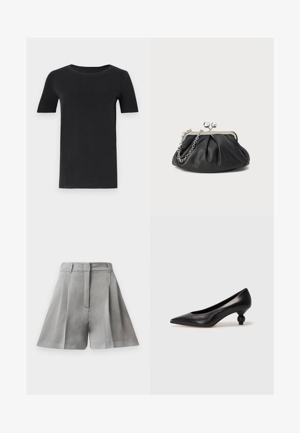 Black short-sleeve t-shirt made of soft cotton, with a round neckline and a classic fit. Smooth texture, no patterns or embellishments.; Gray pleated shorts made from smooth fabric, featuring a high waist, front pockets, and tailored design with clean lines.; Black leather high heel shoe with a pointed toe and a round, balled heel. Smooth texture with a sleek, minimal design.; Black leather clutch with gathered texture, silver-tone metal frame, kiss-lock closure, and chain strap. Smooth, soft surface.