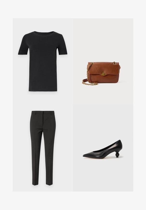 Tricou negru cu mânecă scurtă, confecționat din bumbac moale, cu un gât rotund și o croială clasică. Textură netedă, fără modele sau broderii.; Pantaloni negri ajustați, cu croială dreaptă, având o textură netedă și fără modele sau embellishments vizibile.; Pantofii cu toc înalt din piele neagră, cu vârf ascuțit și toc rotund, mimos. Textură netedă, cu un design elegant și minimalist.; Geantă din piele maro, tip crossbody, cu închidere cu clapetă, elemente din aur și curea din lanț. Textură netedă, formă rectangulară, detalii minime.